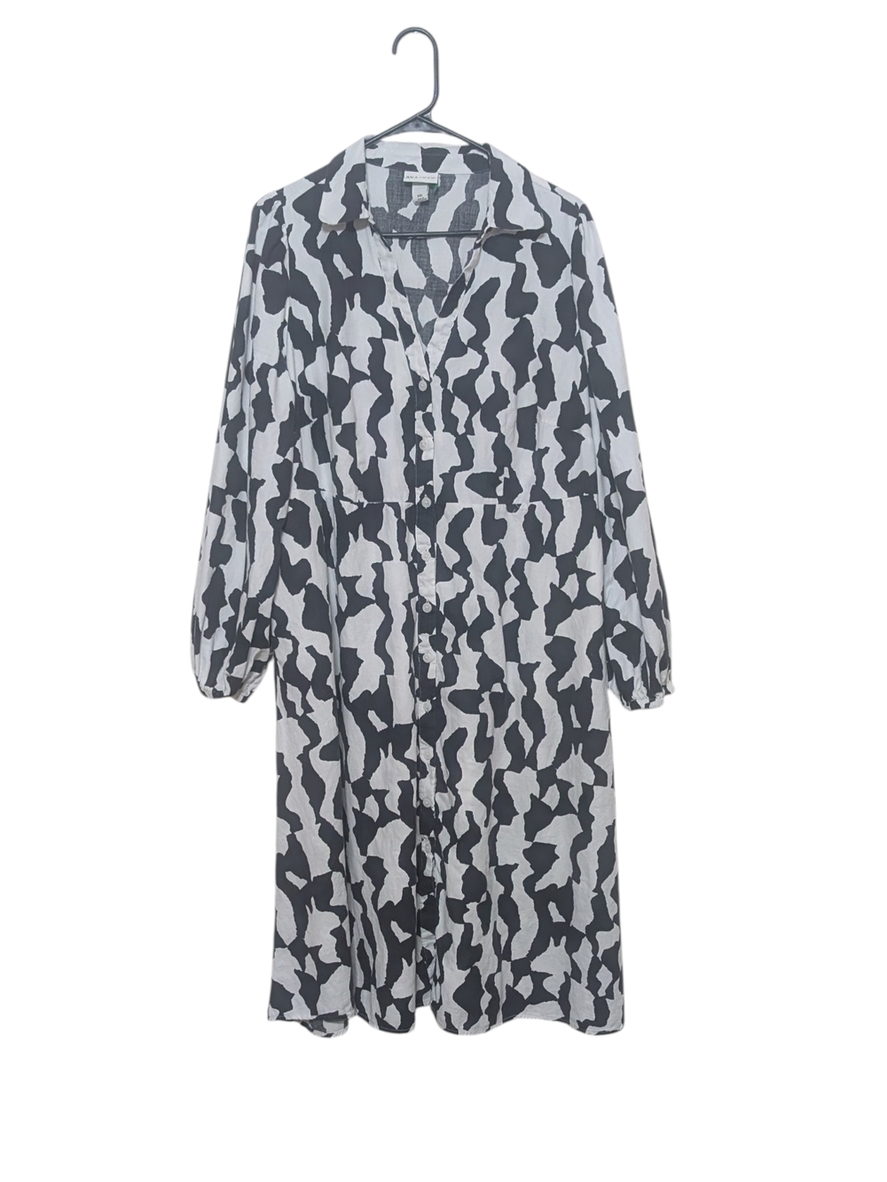 Ava & Viv Long Sleeve Midi Button Down Black White Abstract Print Dress  XXL